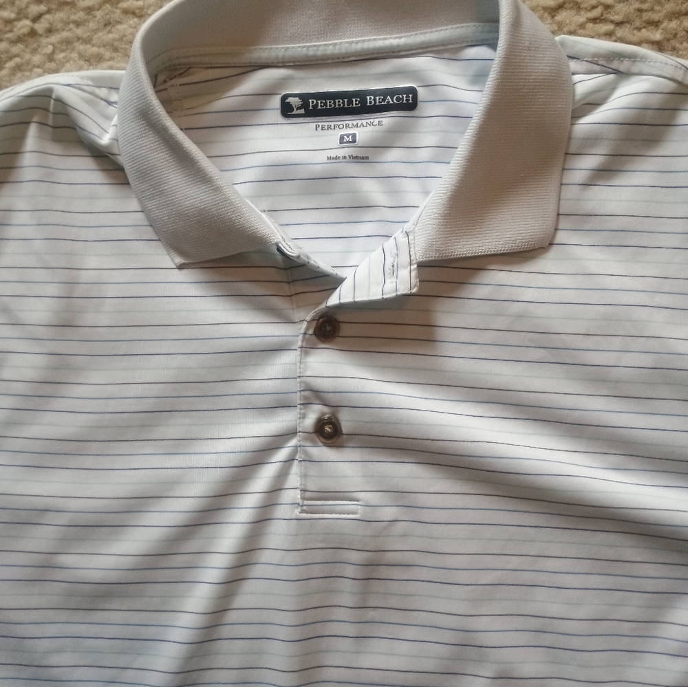 Pebble Beach Men's White Striped Polo Shirt Sz M Torso Length 26"